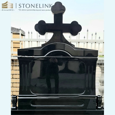 Cross black granite headstone